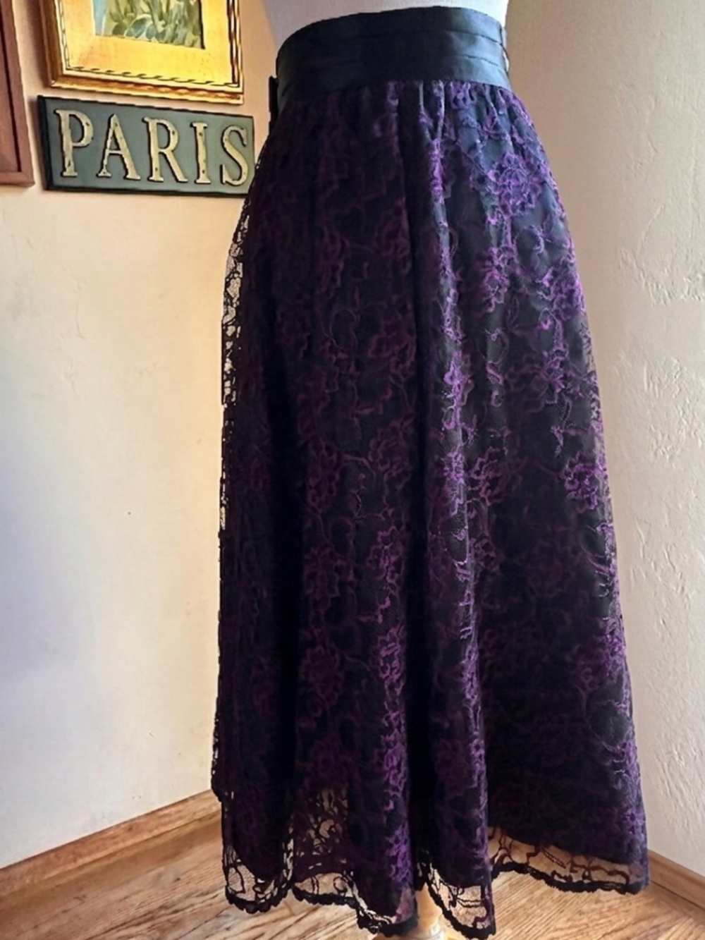 VTG Jessica McClintock Gunne Sax Purple and Black Lace Satin Tuxedo Skirt Size 9